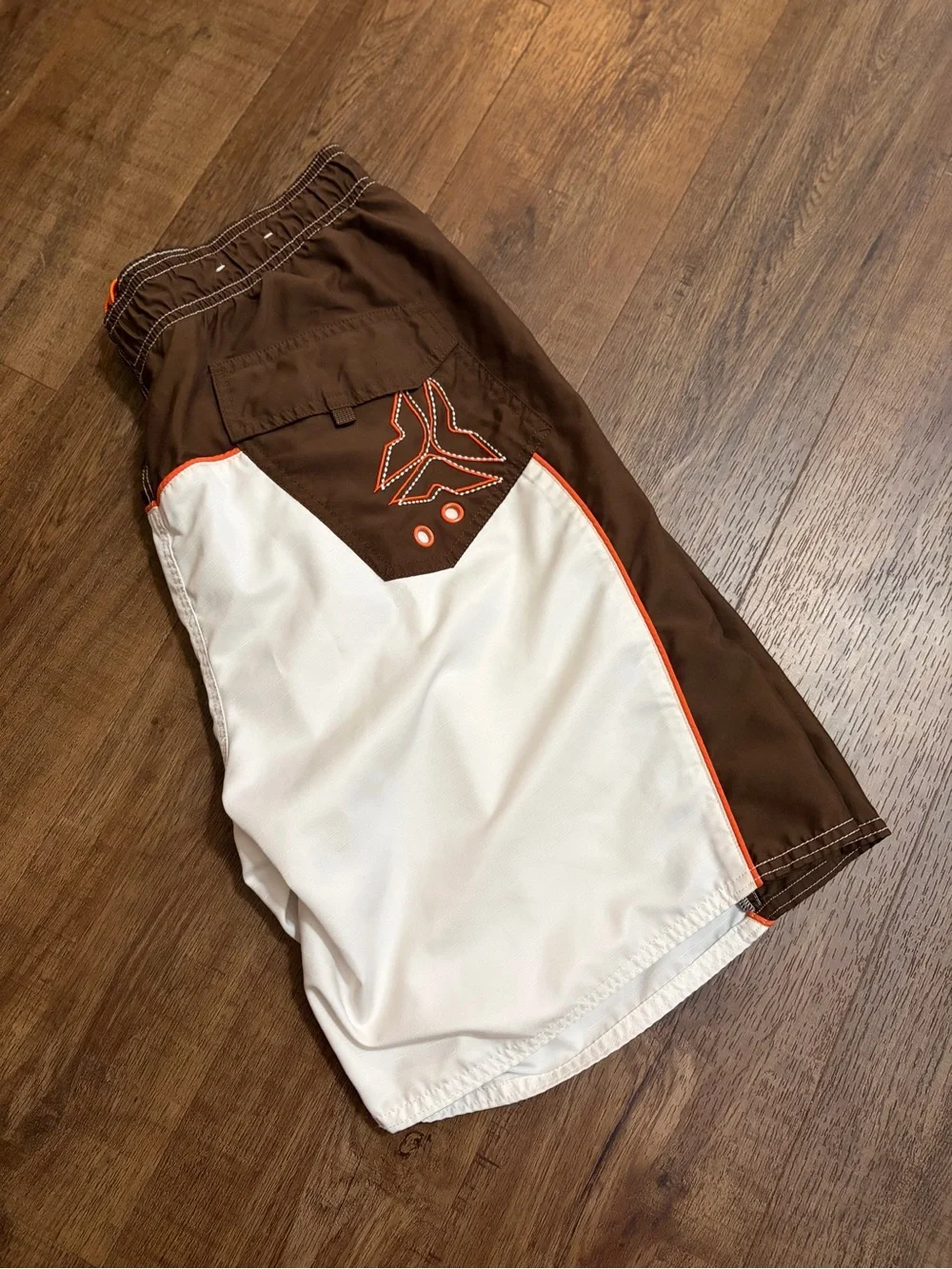 Old Navy White Swim Trunks with Brown Panels and Orange Trim